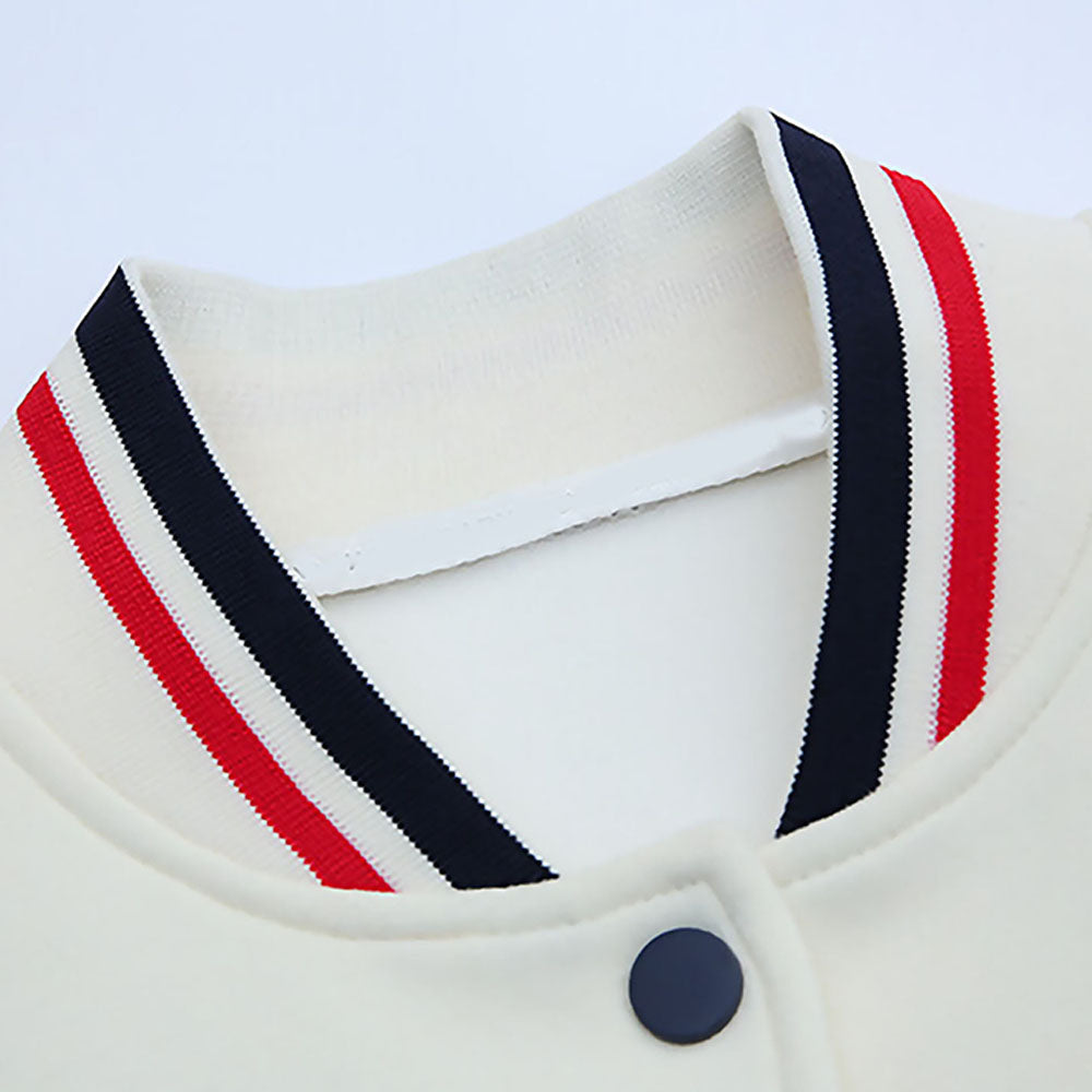 2Pcs Cream With Red And Navy Varsity Style Jacket With Matching Pants For Kids & Tweens