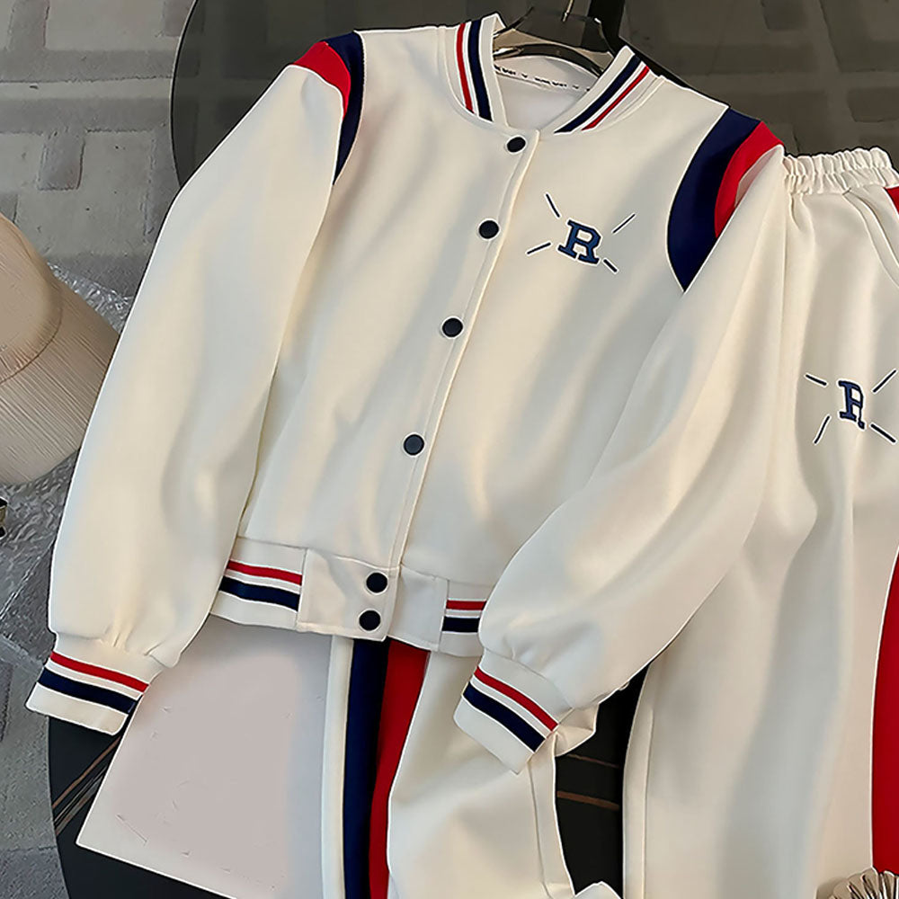 2Pcs Cream With Red And Navy Varsity Style Jacket With Matching Pants For Kids & Tweens