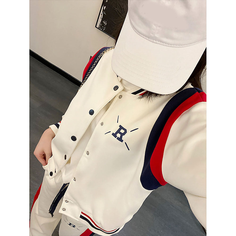 2Pcs Cream With Red And Navy Varsity Style Jacket With Matching Pants For Kids & Tweens
