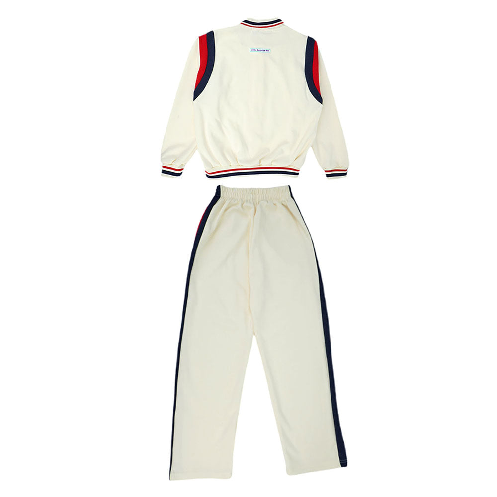 2Pcs Cream With Red And Navy Varsity Style Jacket With Matching Pants For Kids & Tweens