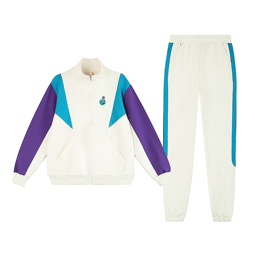 Cream With Teal & Purple Stripes 2Pcs Track Suit Set For Kids & Tweens