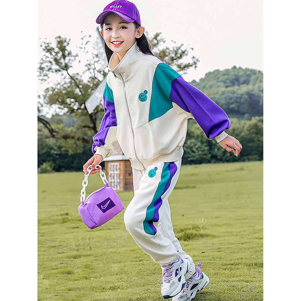 Cream With Teal & Purple Stripes 2Pcs Track Suit Set For Kids & Tweens