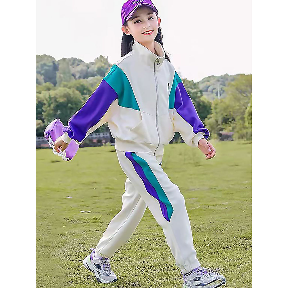 Cream With Teal & Purple Stripes 2Pcs Track Suit Set For Kids & Tweens
