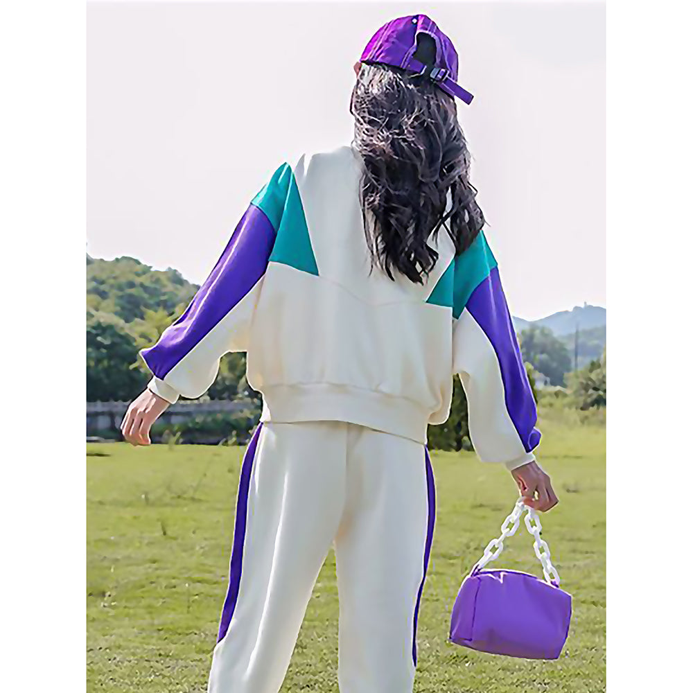 Cream With Teal & Purple Stripes 2Pcs Track Suit Set For Kids & Tweens