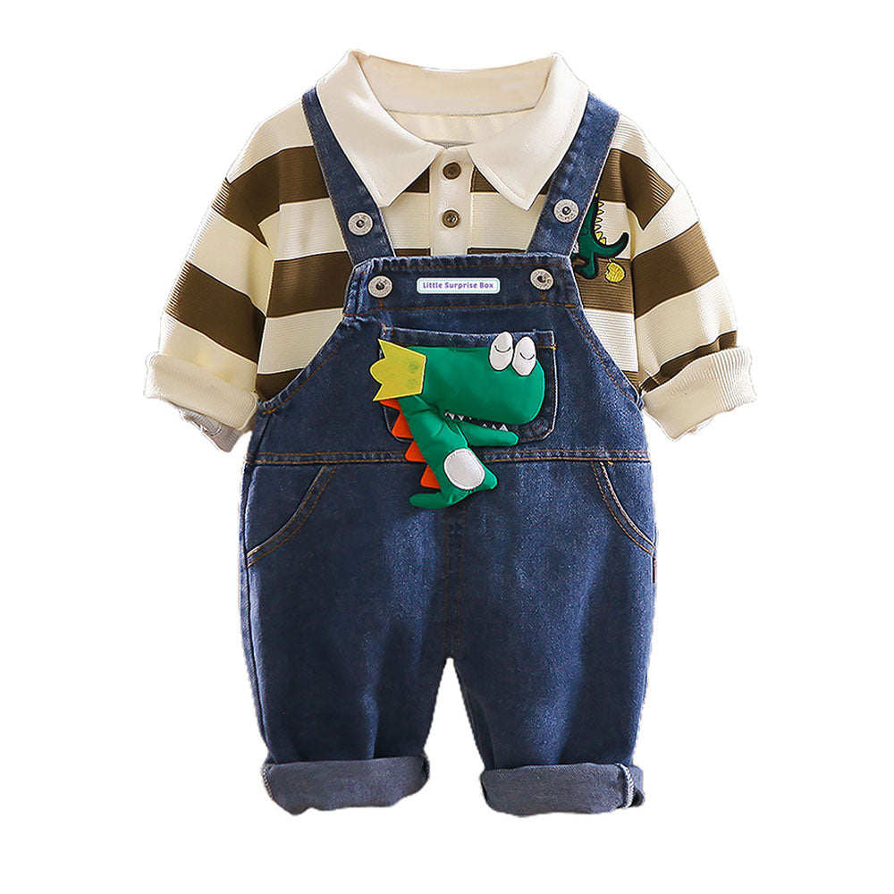 Brown Stripes Denim Plush Dinosaur Dungary Style 2 Pc Clothing Set For Toddlers And Kids