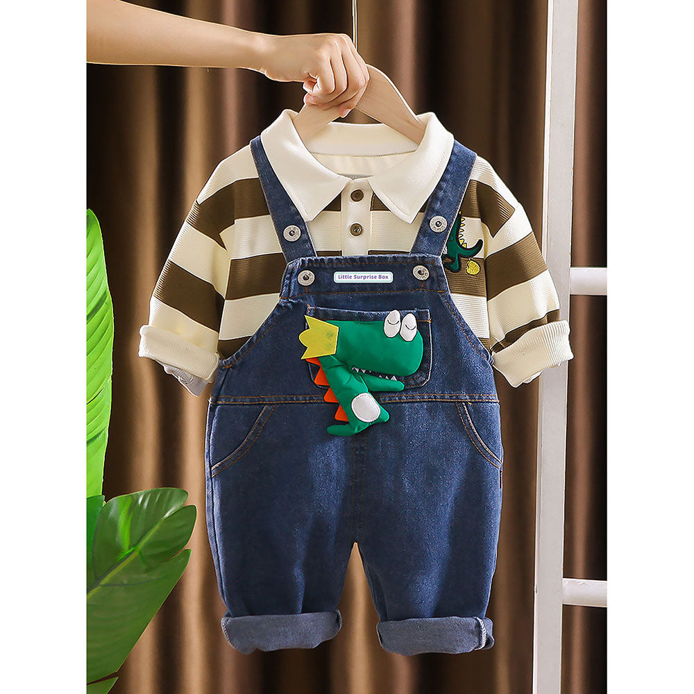 Brown Stripes Denim Plush Dinosaur Dungary Style 2 Pc Clothing Set For Toddlers And Kids