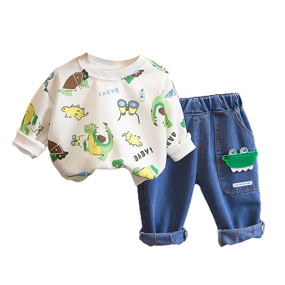 2 Pcs Set Dino Adventure Sweat Shirt And Denims Set For Toddler And Kids Winter And All Season Wear