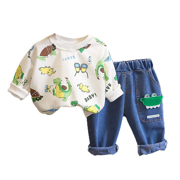 2 Pcs Set Dino Adventure Sweat Shirt And Denims Set For Toddler And Kids Winter And All Season Wear