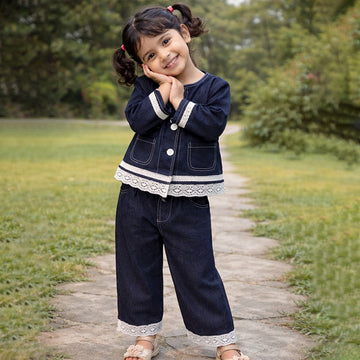 2 Pcs Denim Embroidered Jacket with Wide Leg Pants Co-ord sets