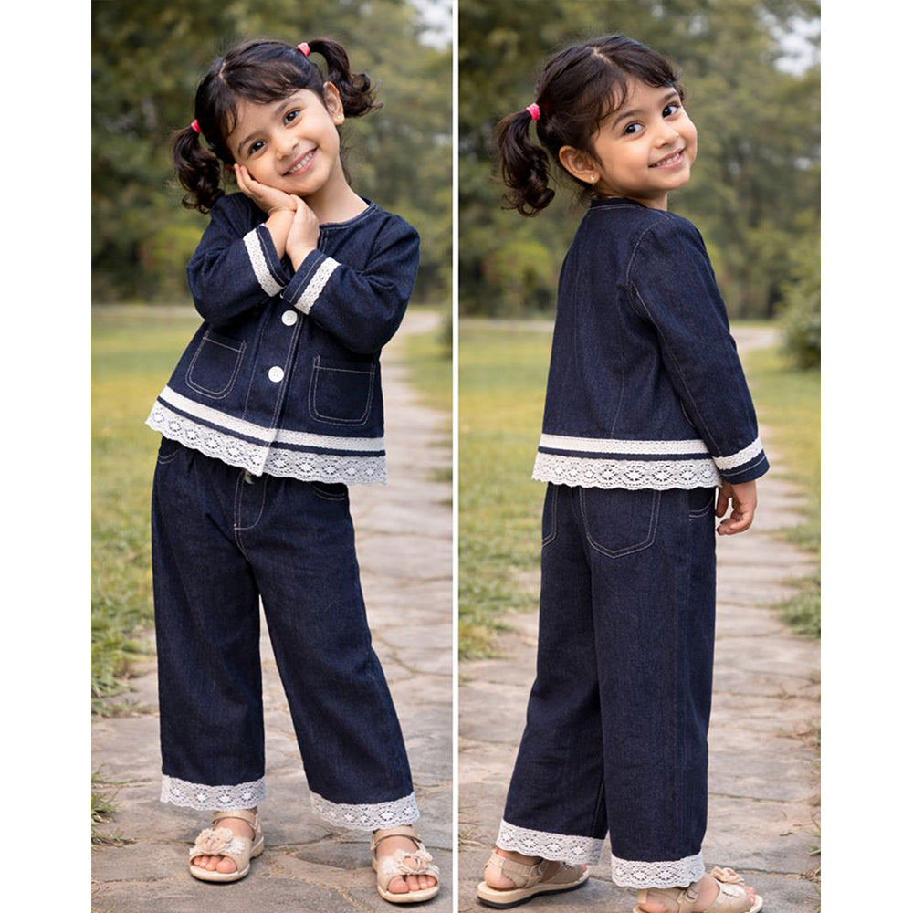 2 Pcs Denim Embroidered Jacket with Wide Leg Pants Co-ord sets