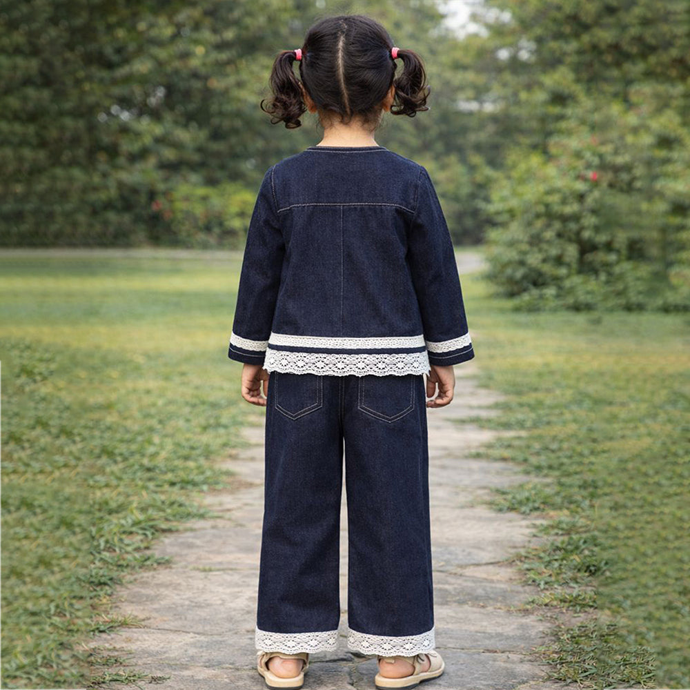 2 Pcs Denim Embroidered Jacket with Wide Leg Pants Co-ord sets