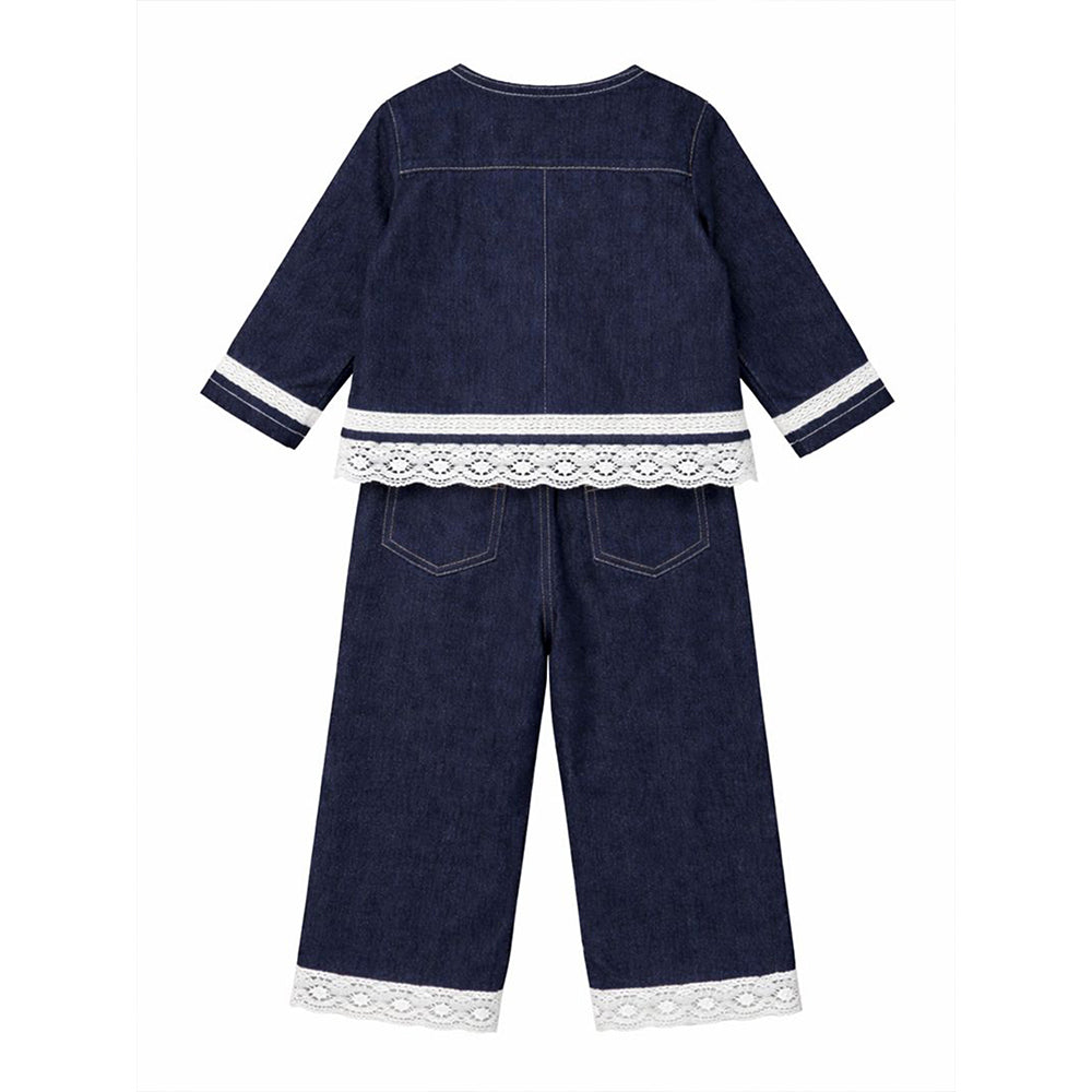 2 Pcs Denim Embroidered Jacket with Wide Leg Pants Co-ord sets