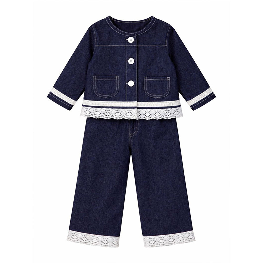 2 Pcs Denim Embroidered Jacket with Wide Leg Pants Co-ord sets