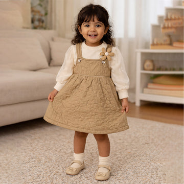 Beige Quilted Pinafore Dress with Inner Top for Girls