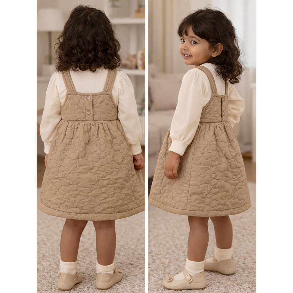 Beige Quilted Pinafore Dress with Inner Top for Girls