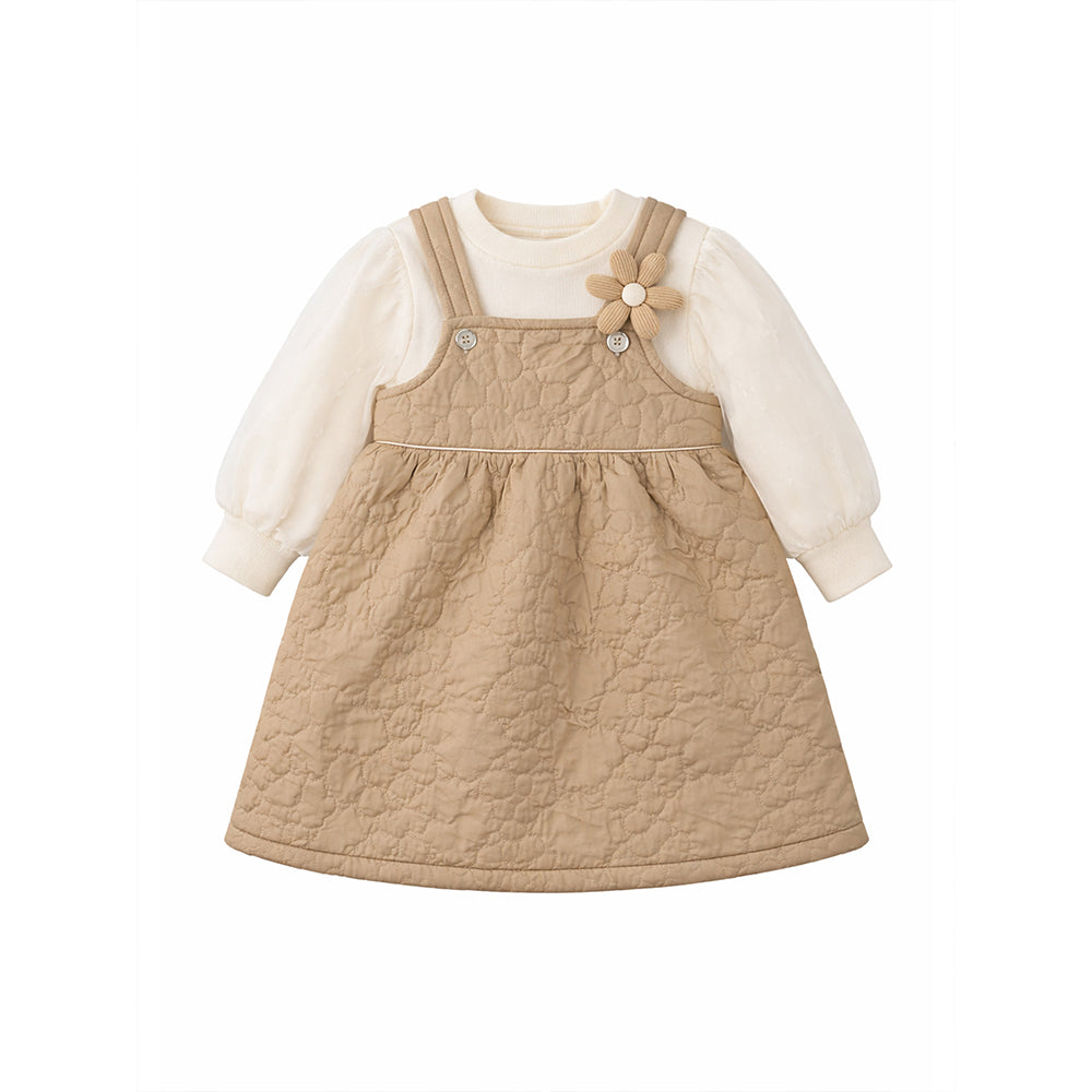 Beige Quilted Pinafore Dress with Inner Top for Girls