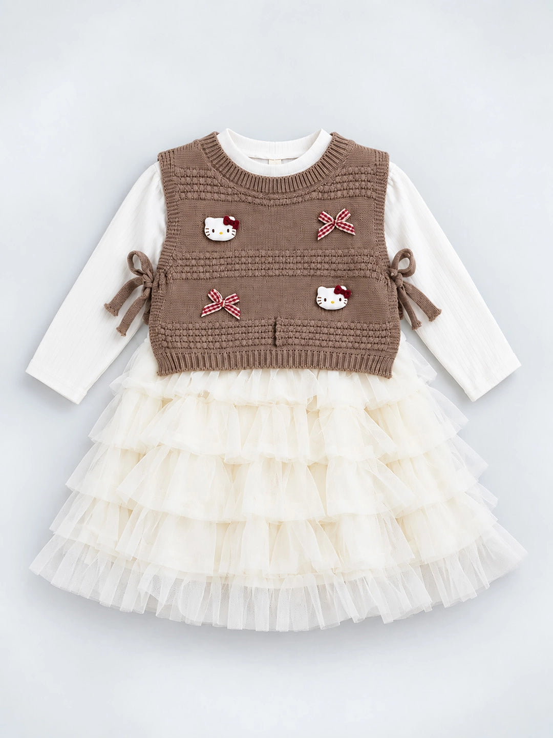 Brown Kitty Knitted Vest & White-Ivory Ruffle Frock Winterwear 2 Pcs Set for Girls