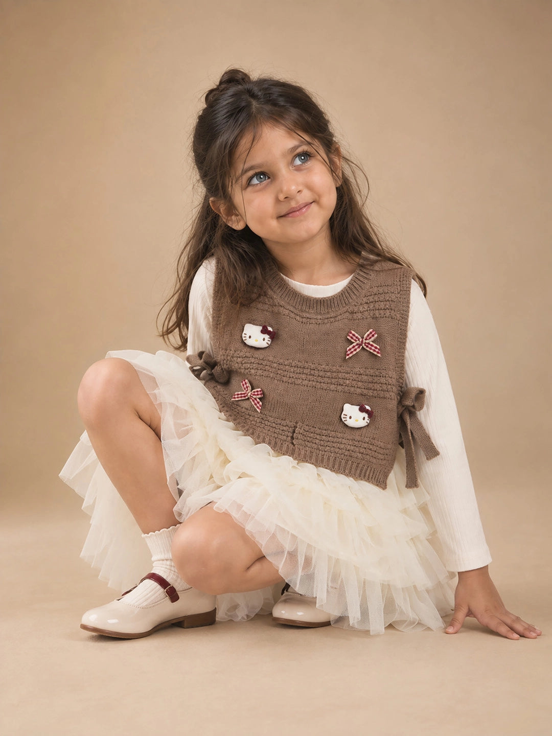 Brown Kitty Knitted Vest & White-Ivory Ruffle Frock Winterwear 2 Pcs Set for Girls