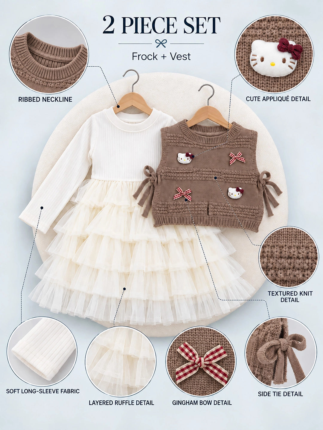 Brown Kitty Knitted Vest & White-Ivory Ruffle Frock Winterwear 2 Pcs Set for Girls