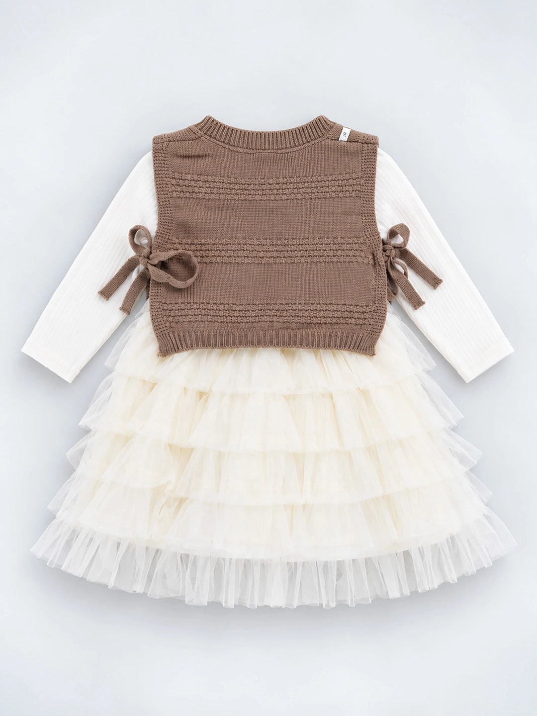 Brown Kitty Knitted Vest & White-Ivory Ruffle Frock Winterwear 2 Pcs Set for Girls