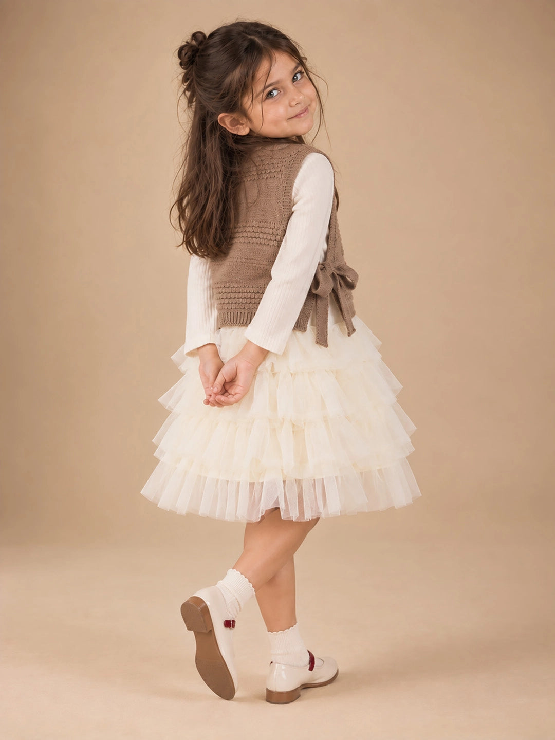 Brown Kitty Knitted Vest & White-Ivory Ruffle Frock Winterwear 2 Pcs Set for Girls
