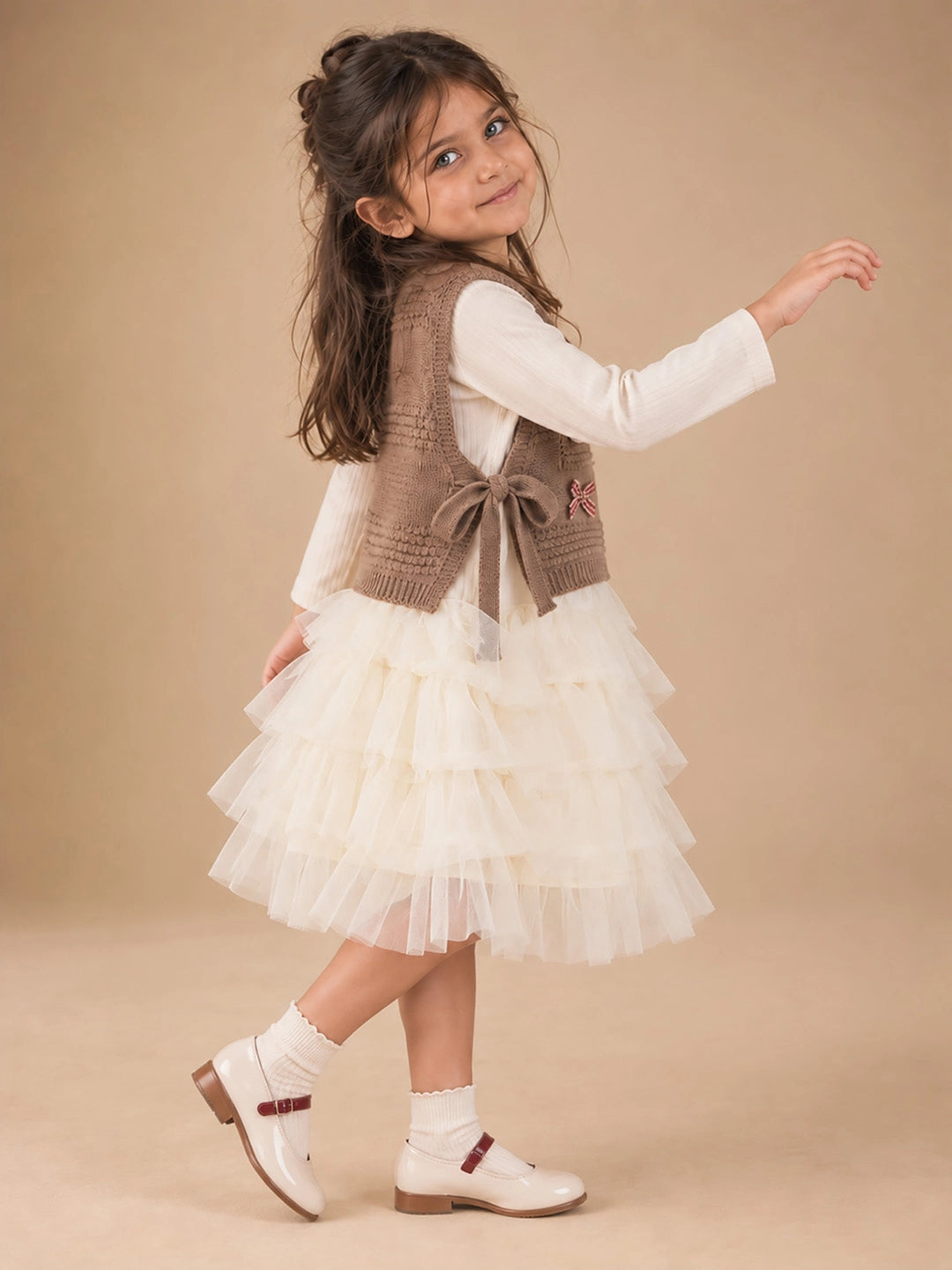 Brown Kitty Knitted Vest & White-Ivory Ruffle Frock Winterwear 2 Pcs Set for Girls