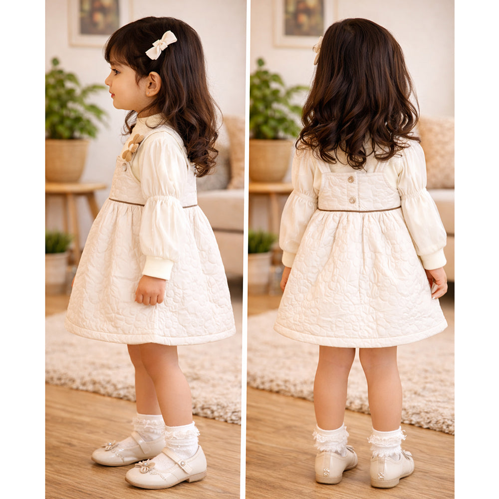 Cream Quilted Pinafore Dress with Inner Top for Girls