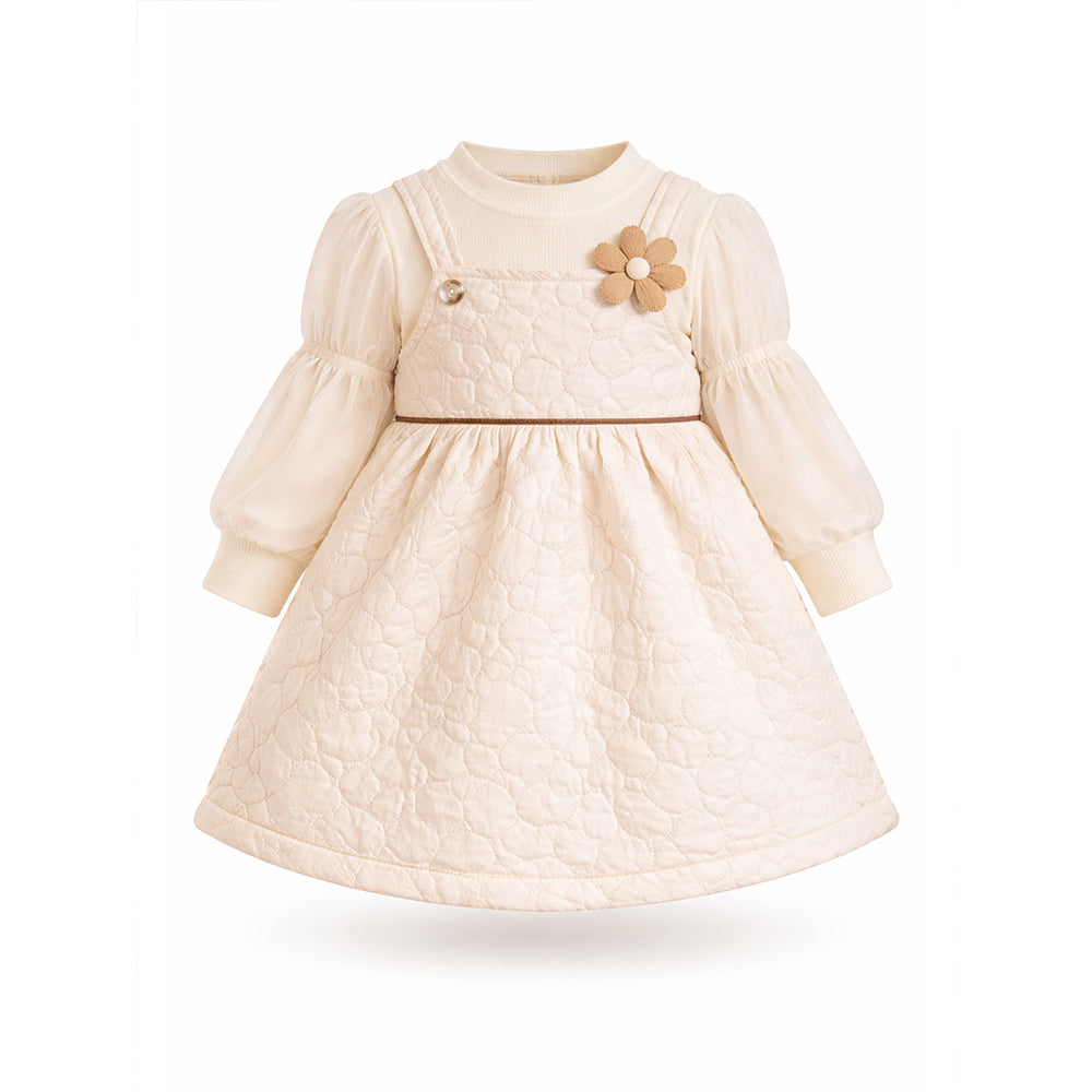 Cream Quilted Pinafore Dress with Inner Top for Girls