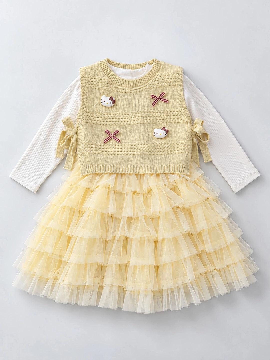 Light Green Kitty Knitted Vest & White-Yellow Ruffle Frock Winterwear 2 Pcs Set for Girls