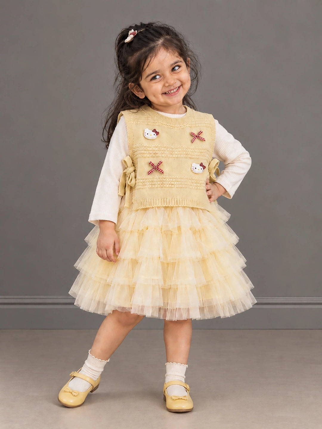Light Green Kitty Knitted Vest & White-Yellow Ruffle Frock Winterwear 2 Pcs Set for Girls