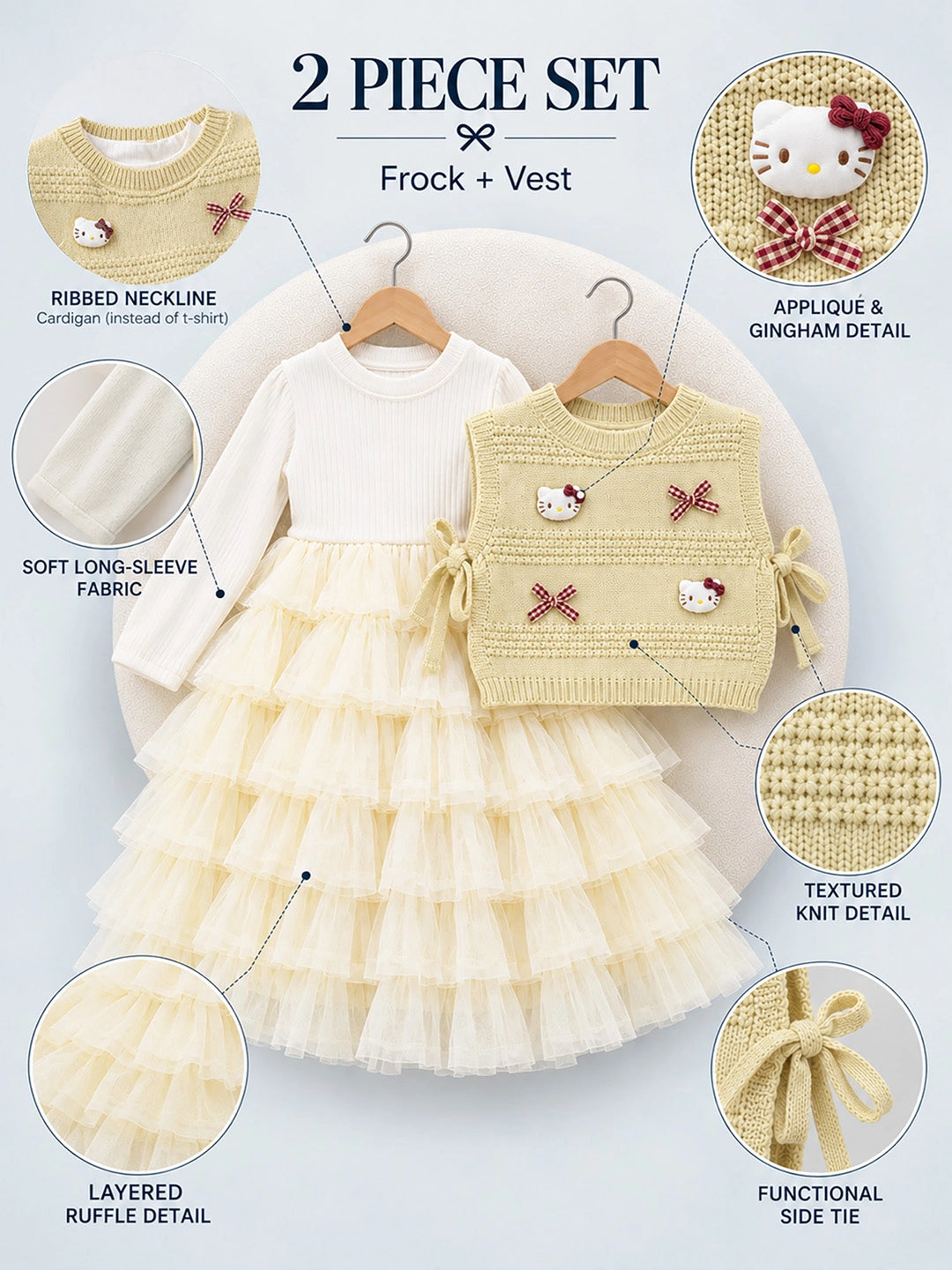 Light Green Kitty Knitted Vest & White-Yellow Ruffle Frock Winterwear 2 Pcs Set for Girls