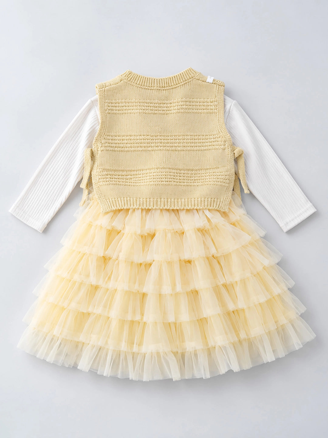 Light Green Kitty Knitted Vest & White-Yellow Ruffle Frock Winterwear 2 Pcs Set for Girls