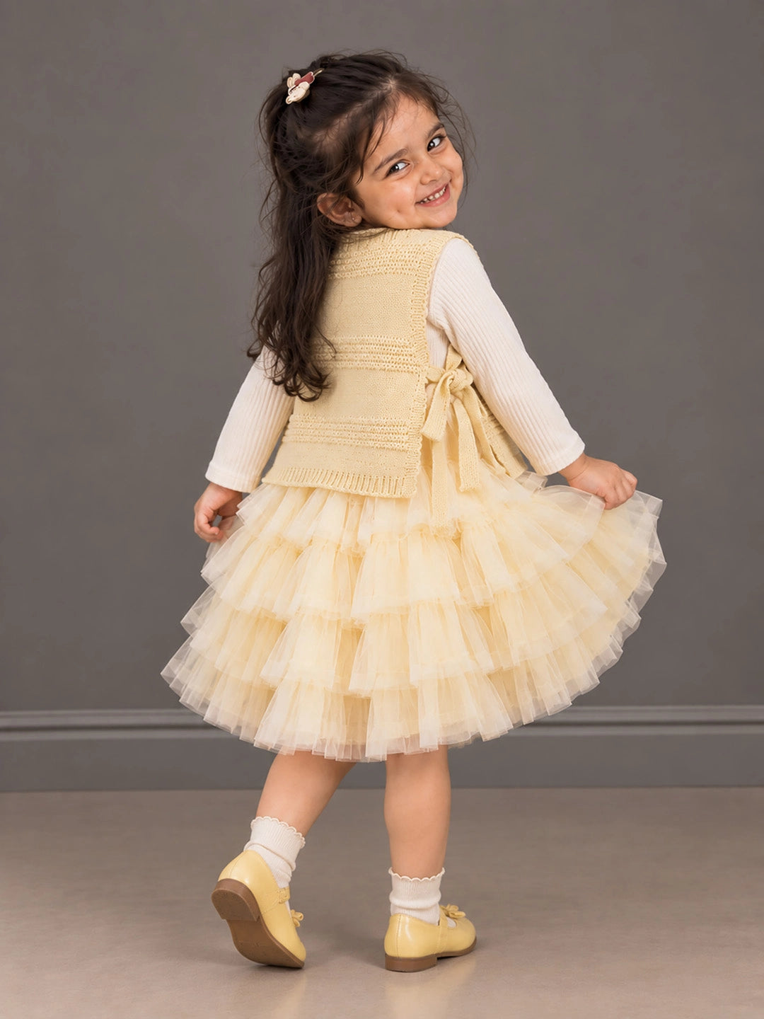Light Green Kitty Knitted Vest & White-Yellow Ruffle Frock Winterwear 2 Pcs Set for Girls