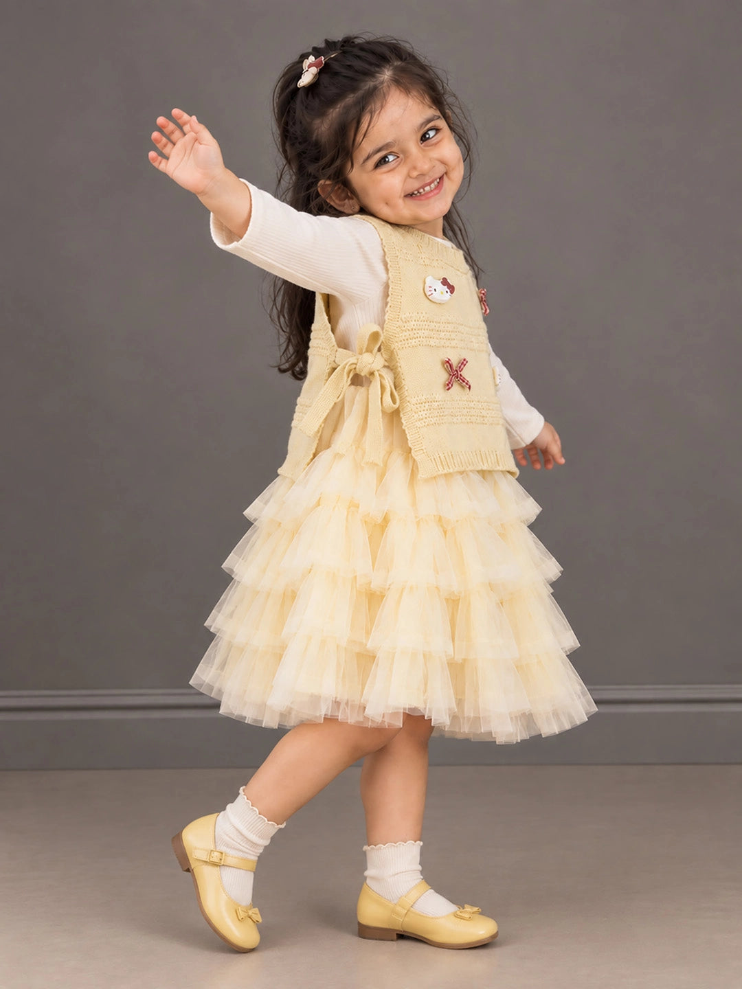 Light Green Kitty Knitted Vest & White-Yellow Ruffle Frock Winterwear 2 Pcs Set for Girls