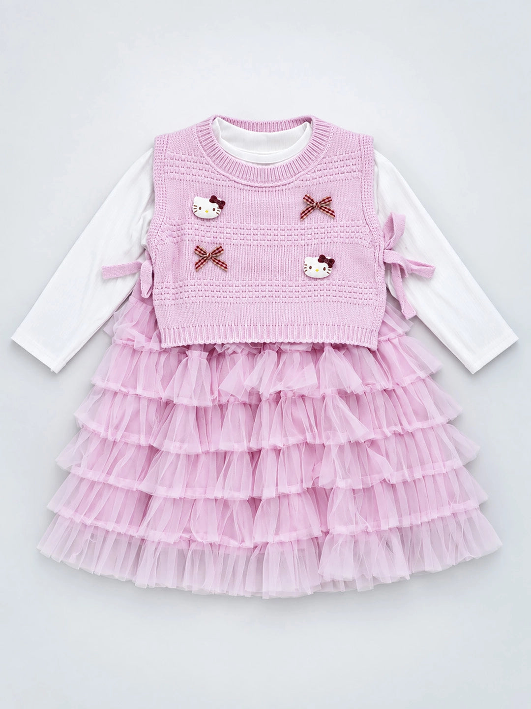 Pink Kitty Knitted Vest & White-Pink Ruffle Frock Winterwear 2 Pcs Set for Girls