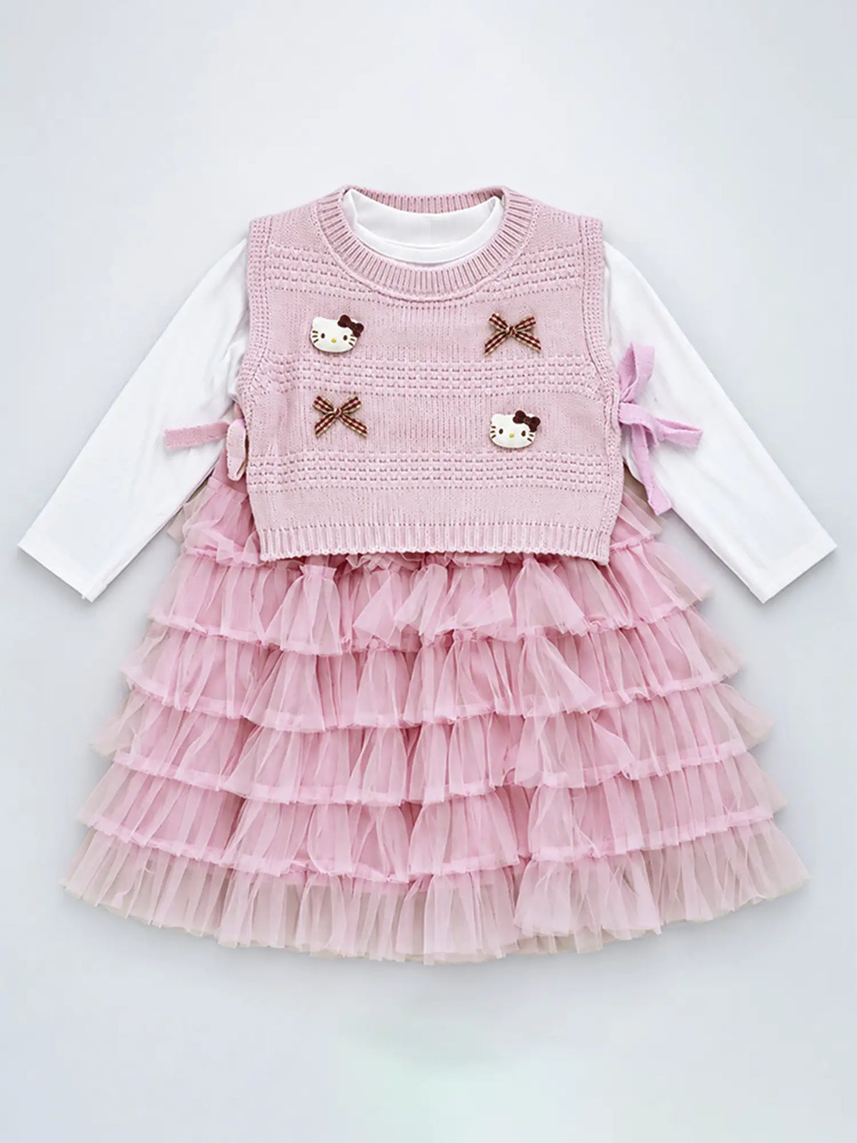 Pink Kitty Knitted Vest & White-Pink Ruffle Frock Winterwear 2 Pcs Set for Girls