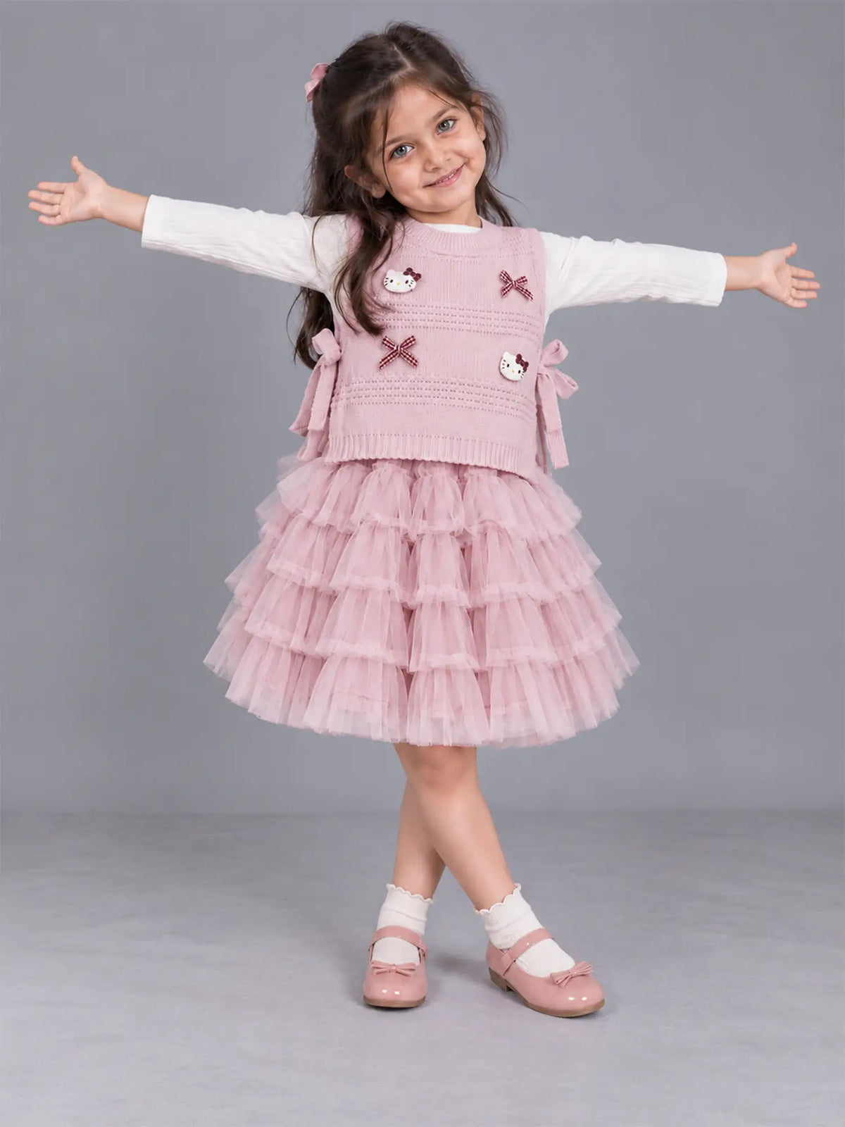 Pink Kitty Knitted Vest & White-Pink Ruffle Frock Winterwear 2 Pcs Set for Girls