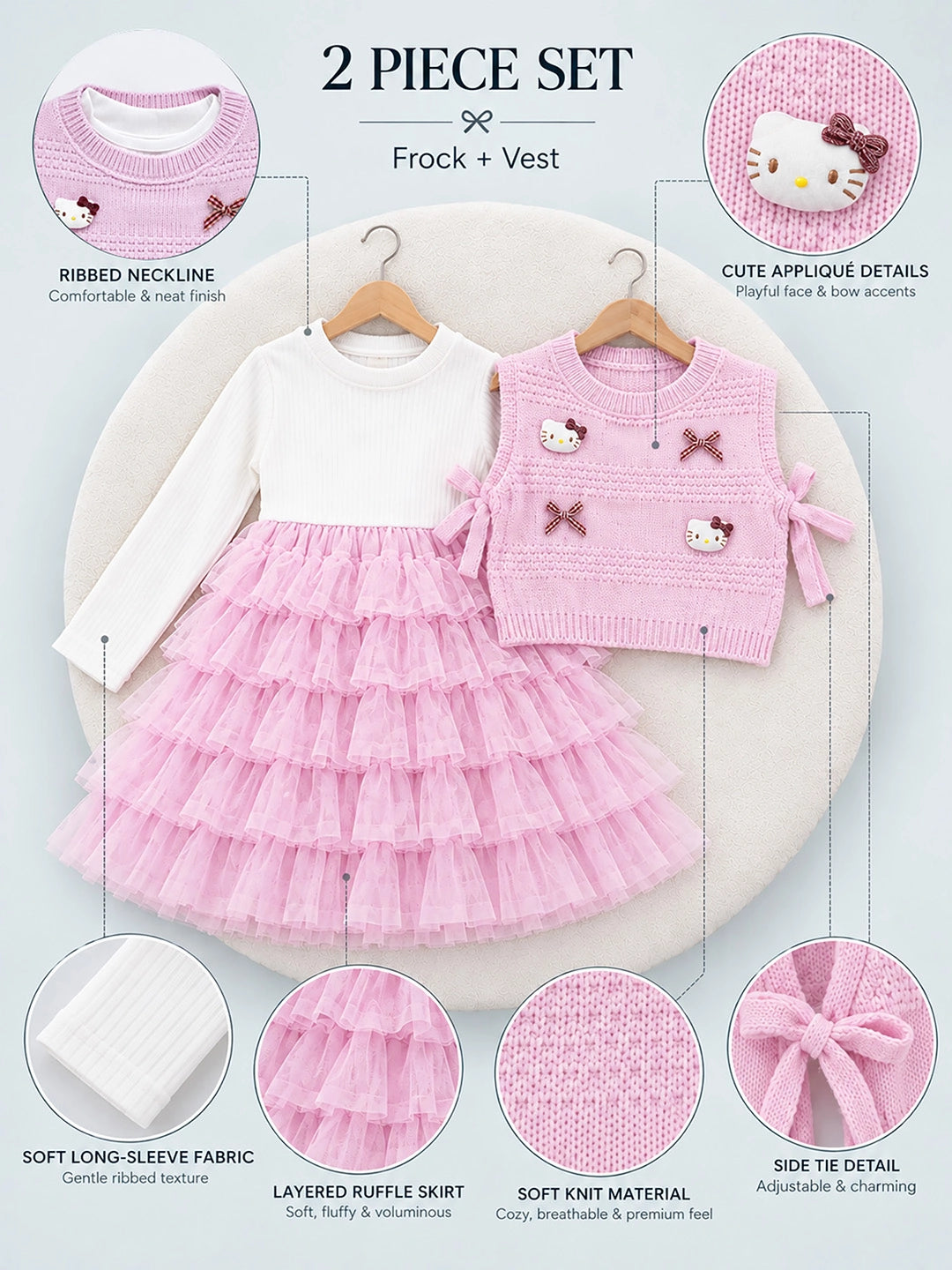 Pink Kitty Knitted Vest & White-Pink Ruffle Frock Winterwear 2 Pcs Set for Girls