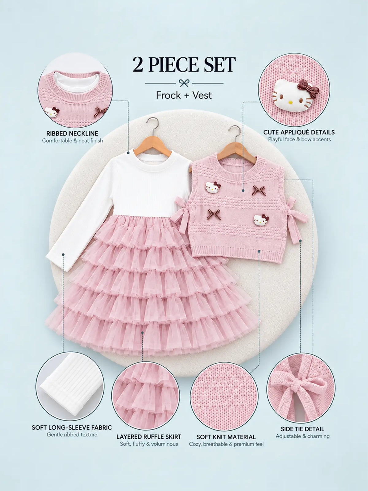 Pink Kitty Knitted Vest & White-Pink Ruffle Frock Winterwear 2 Pcs Set for Girls