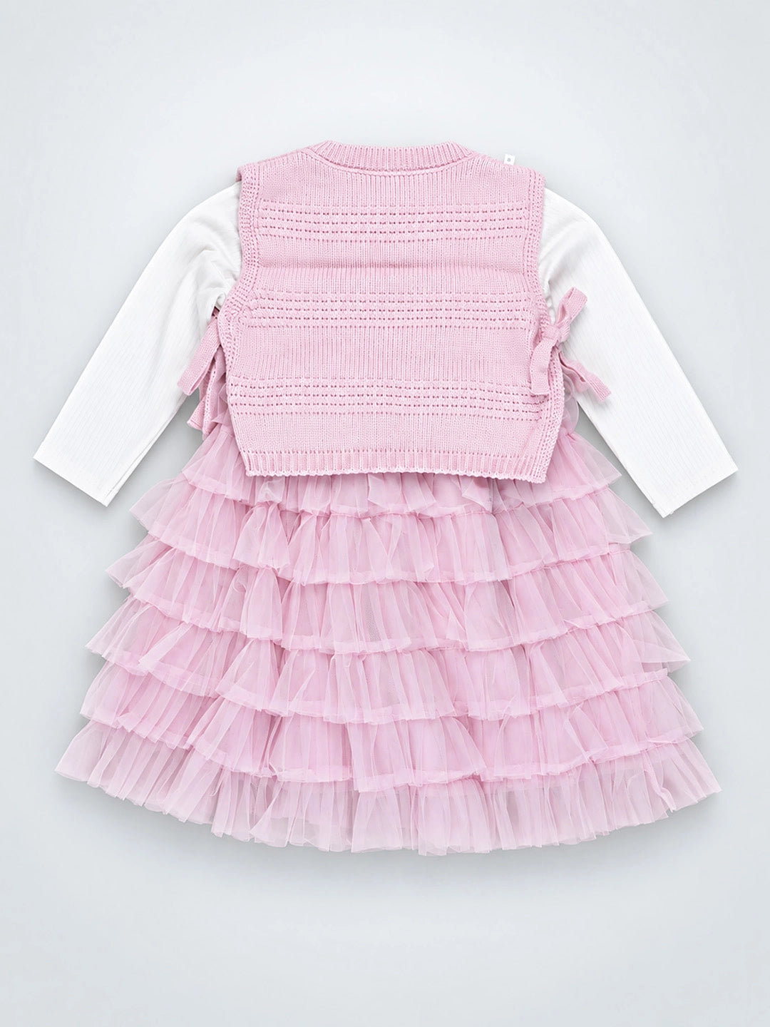 Pink Kitty Knitted Vest & White-Pink Ruffle Frock Winterwear 2 Pcs Set for Girls