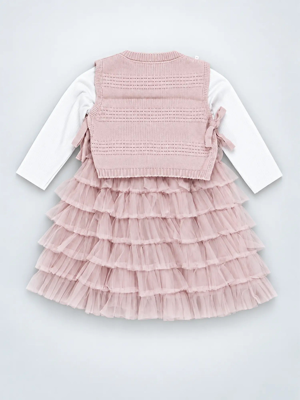 Pink Kitty Knitted Vest & White-Pink Ruffle Frock Winterwear 2 Pcs Set for Girls