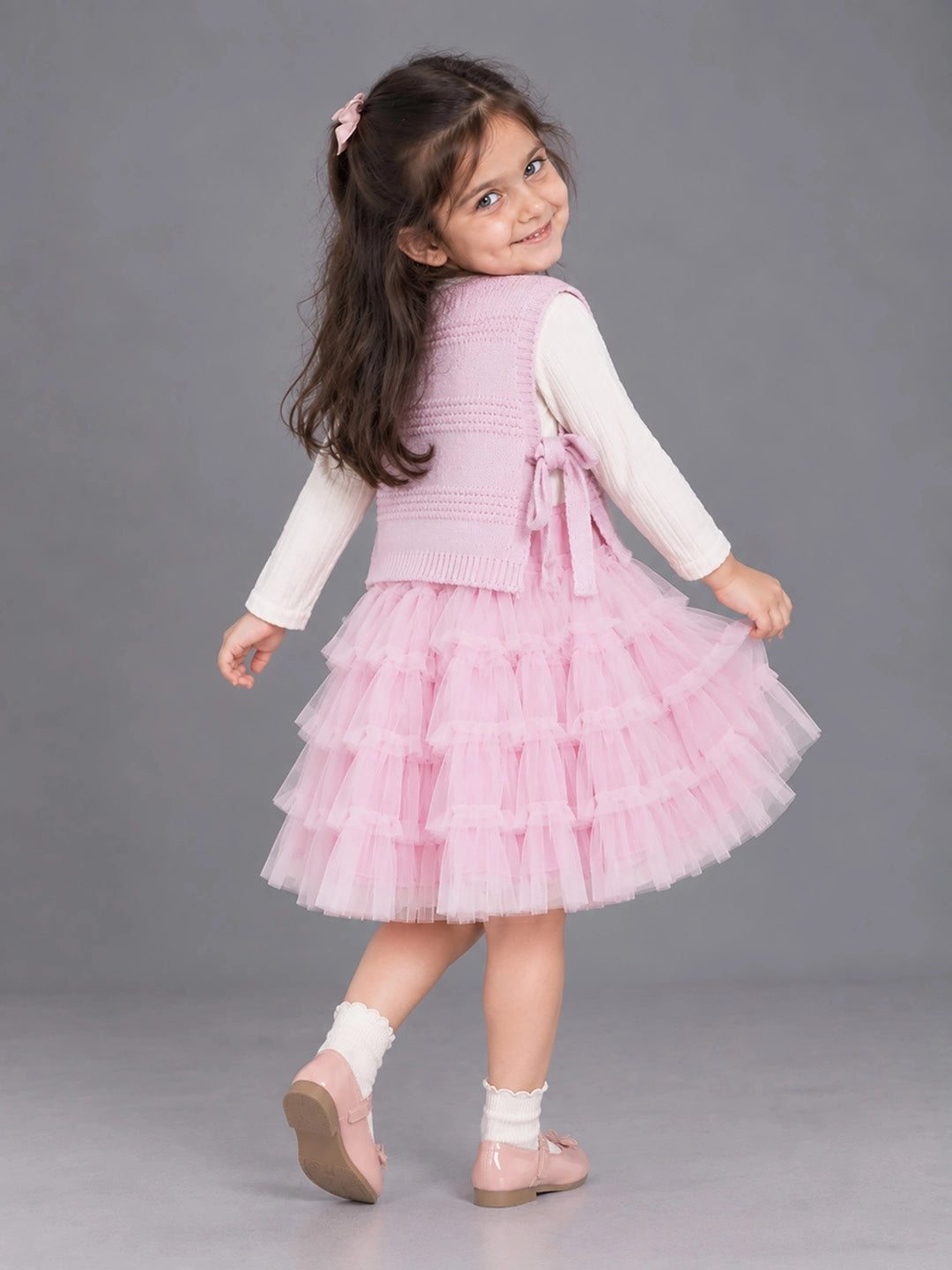 Pink Kitty Knitted Vest & White-Pink Ruffle Frock Winterwear 2 Pcs Set for Girls