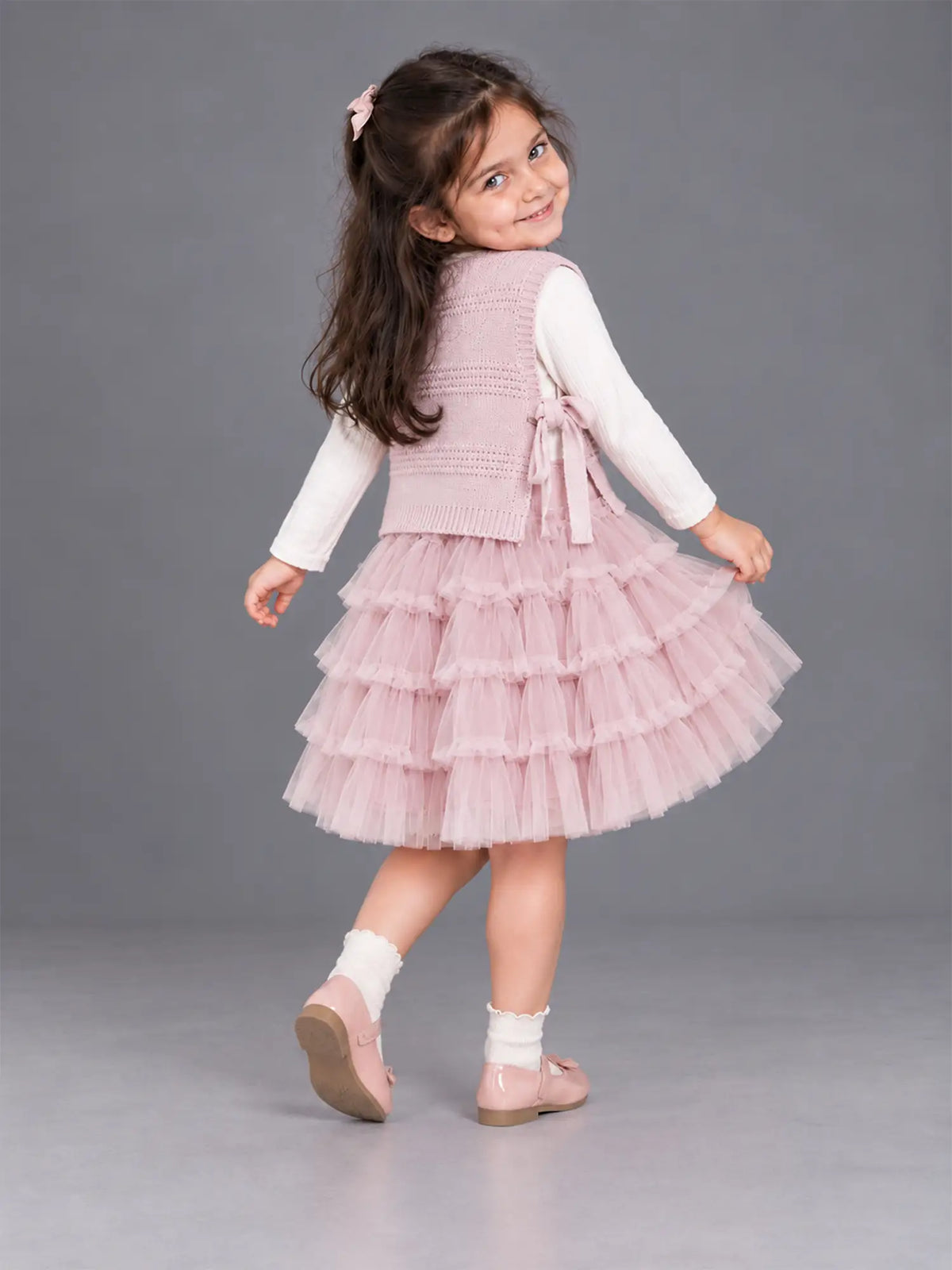 Pink Kitty Knitted Vest & White-Pink Ruffle Frock Winterwear 2 Pcs Set for Girls