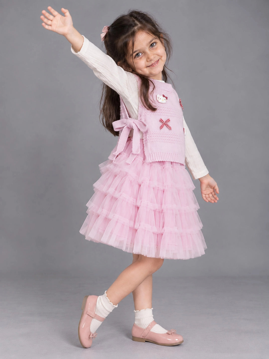 Pink Kitty Knitted Vest & White-Pink Ruffle Frock Winterwear 2 Pcs Set for Girls
