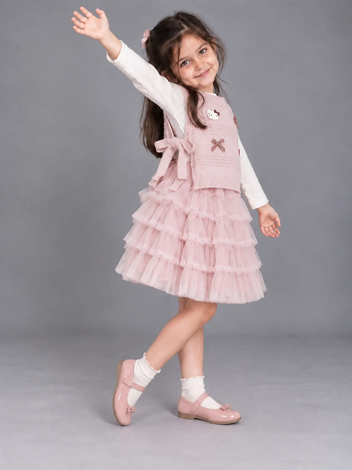 Pink Kitty Knitted Vest & White-Pink Ruffle Frock Winterwear 2 Pcs Set for Girls