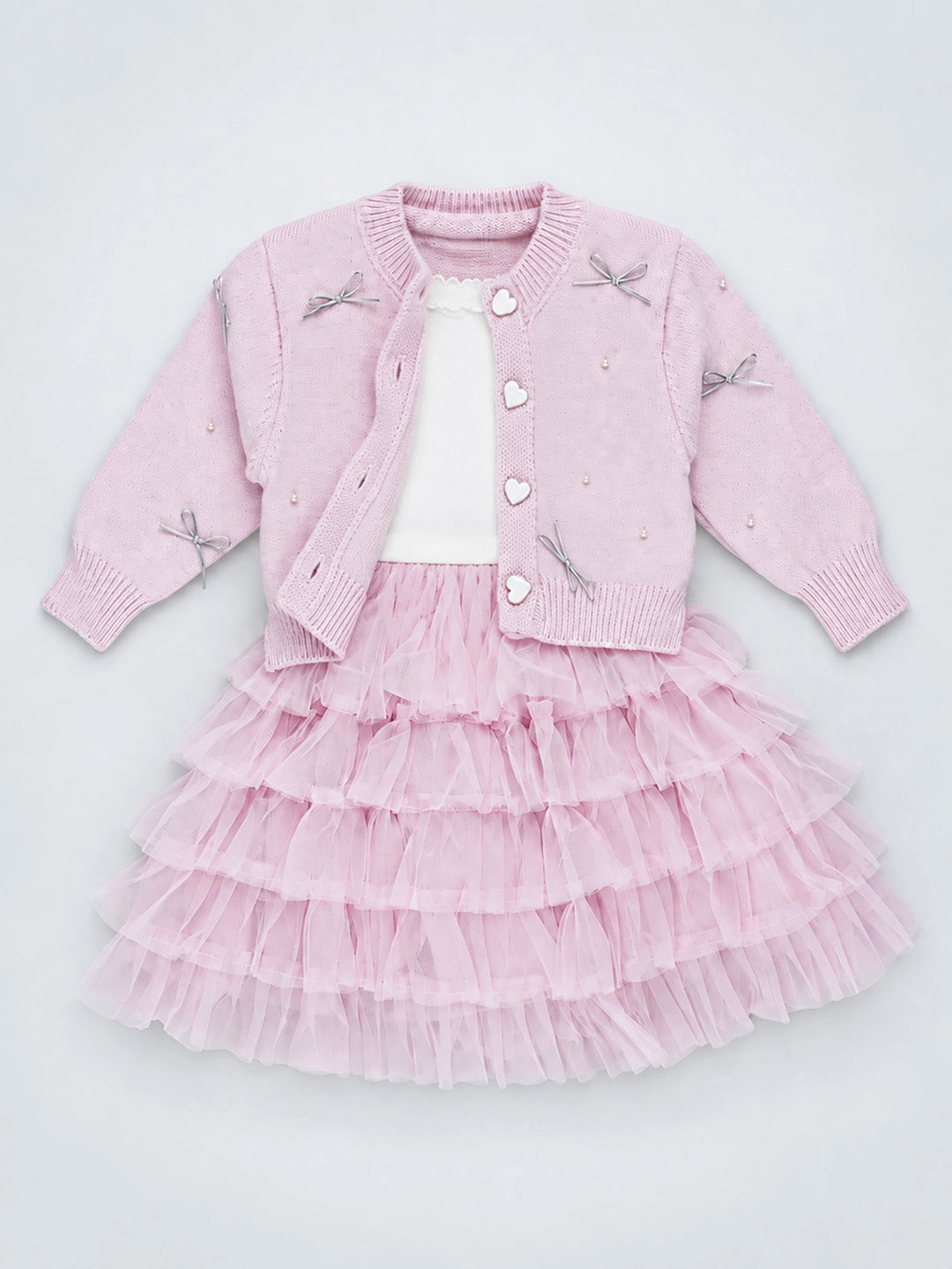 Pink Pearl & Silver Bow Cardigan & White-Pink Ruffle Frock, Winterwear 2 Pcs Set for Girls
