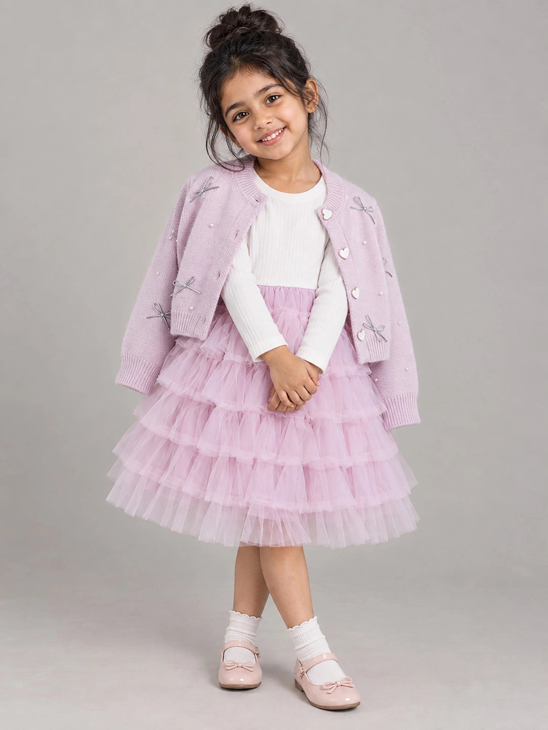 Pink Pearl & Silver Bow Cardigan & White-Pink Ruffle Frock, Winterwear 2 Pcs Set for Girls