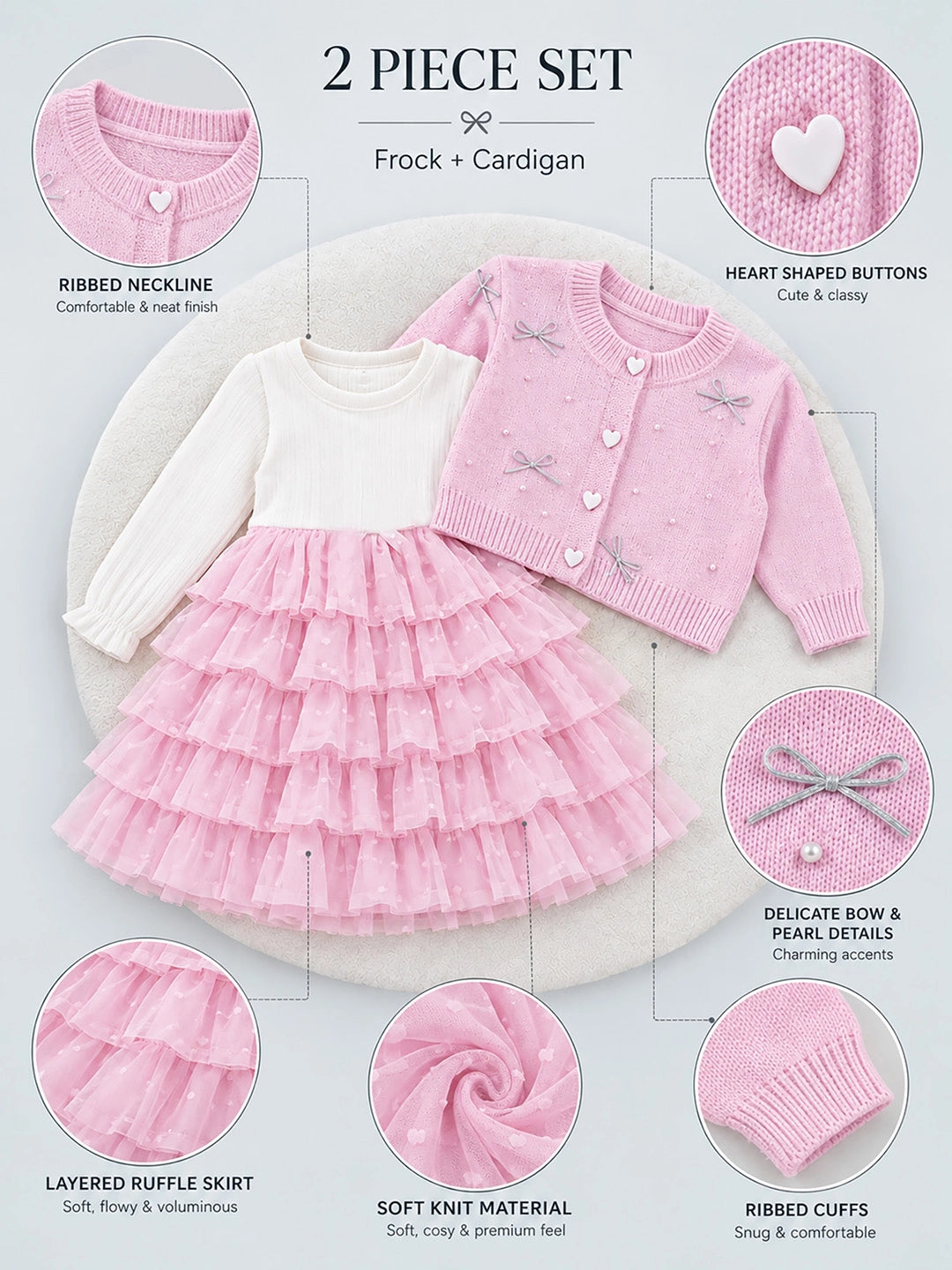 Pink Pearl & Silver Bow Cardigan & White-Pink Ruffle Frock, Winterwear 2 Pcs Set for Girls