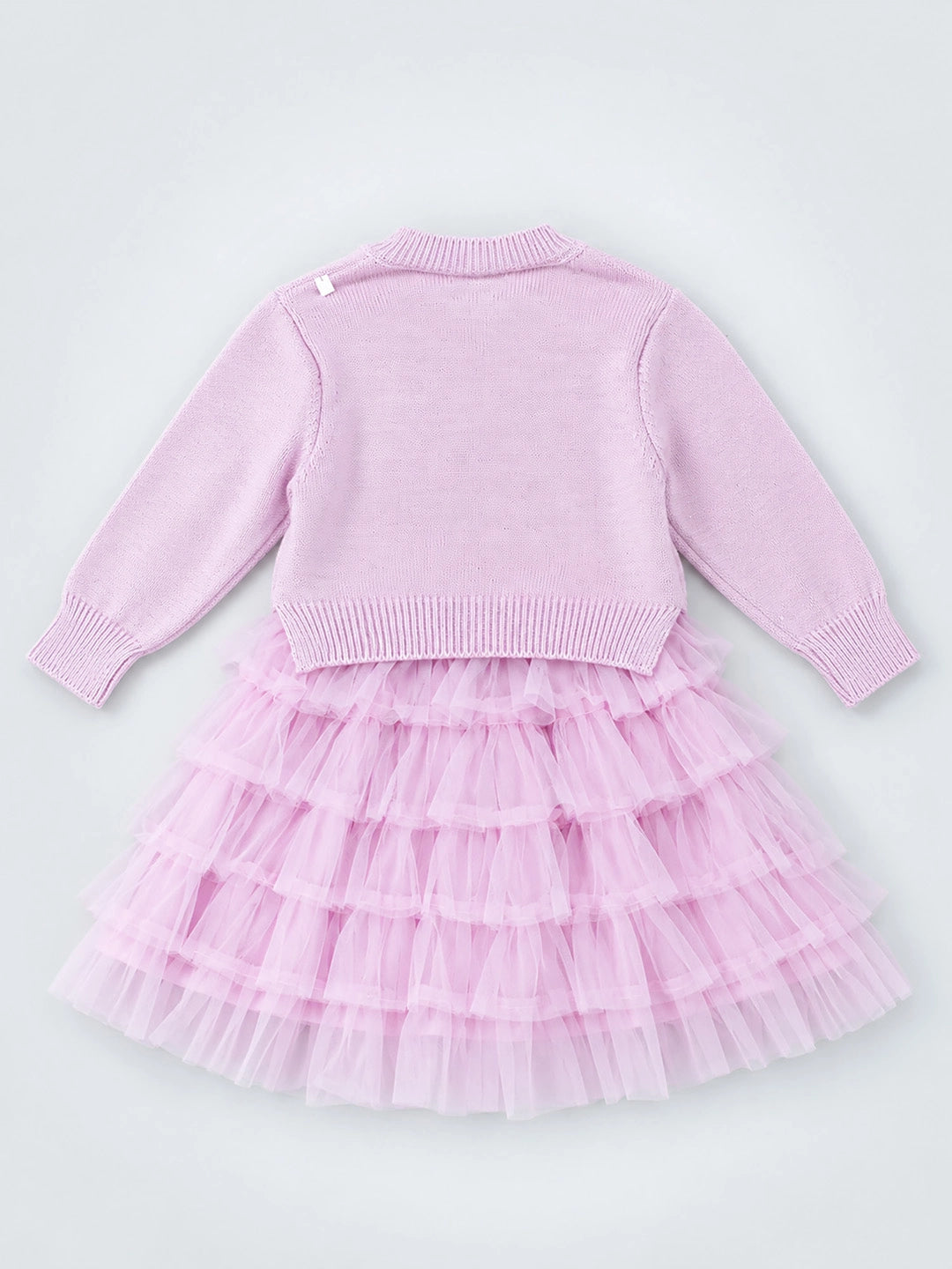 Pink Pearl & Silver Bow Cardigan & White-Pink Ruffle Frock, Winterwear 2 Pcs Set for Girls