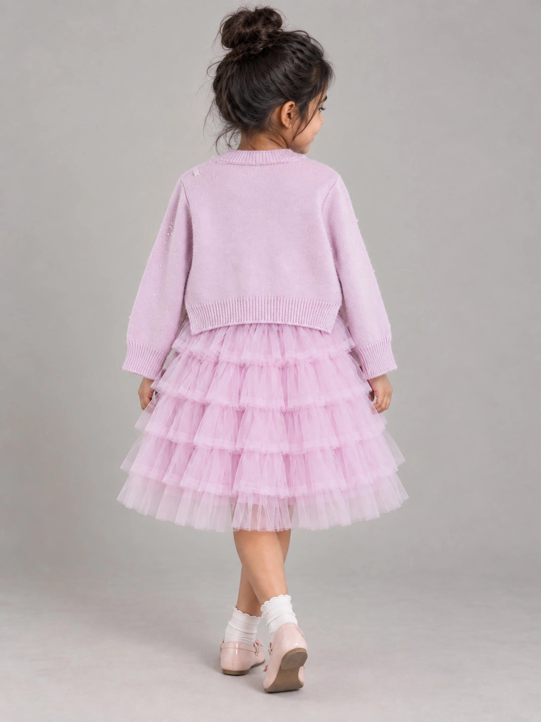 Pink Pearl & Silver Bow Cardigan & White-Pink Ruffle Frock, Winterwear 2 Pcs Set for Girls